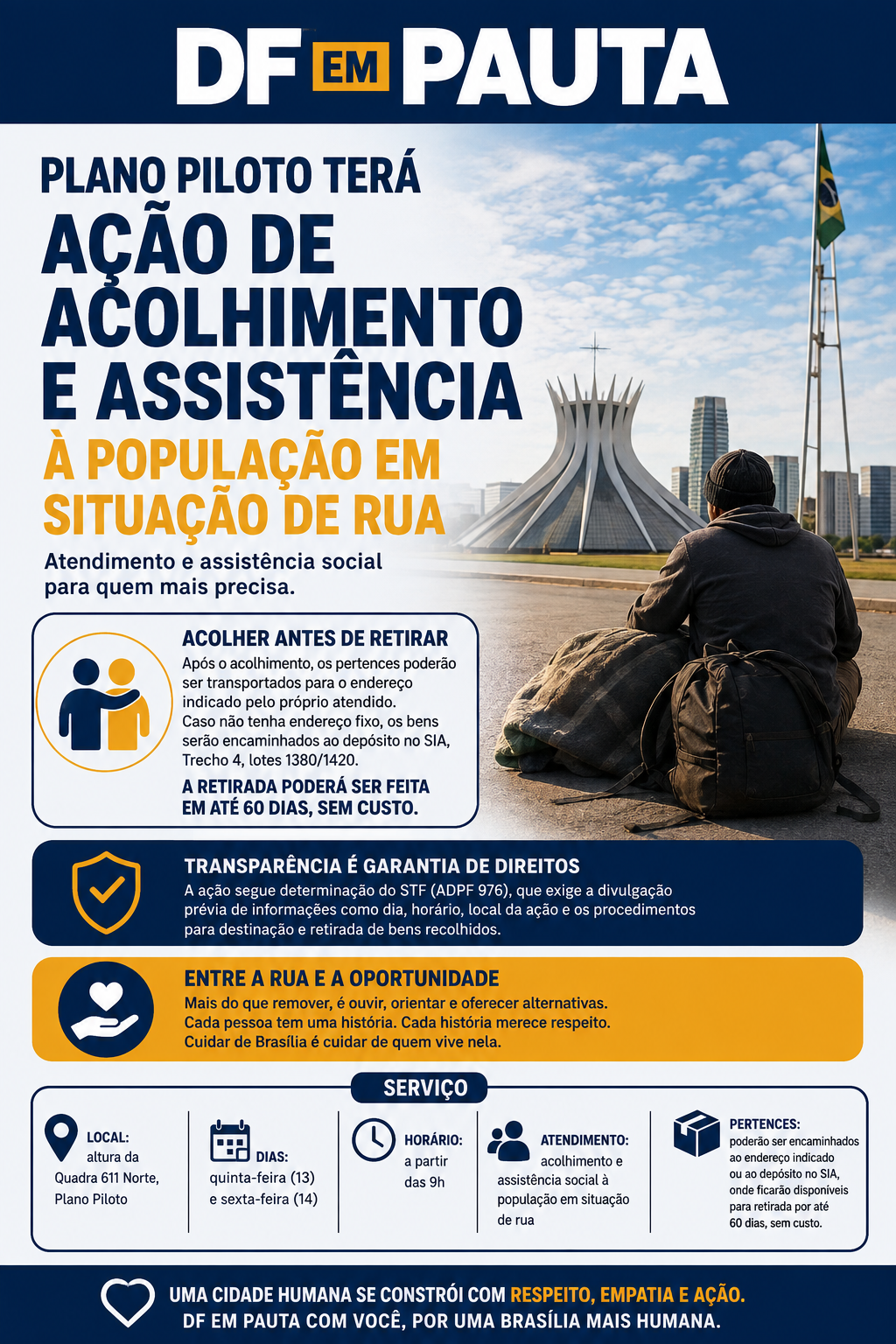 Plano Piloto terá ação de acolhimento e assistência à população em situação de rua.